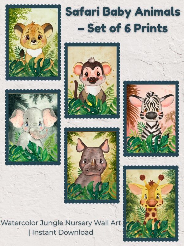 Collage of six watercolor safari baby animal prints—including giraffe, lion, elephant, zebra, monkey, and hippo—arranged as a printable nursery wall art set.